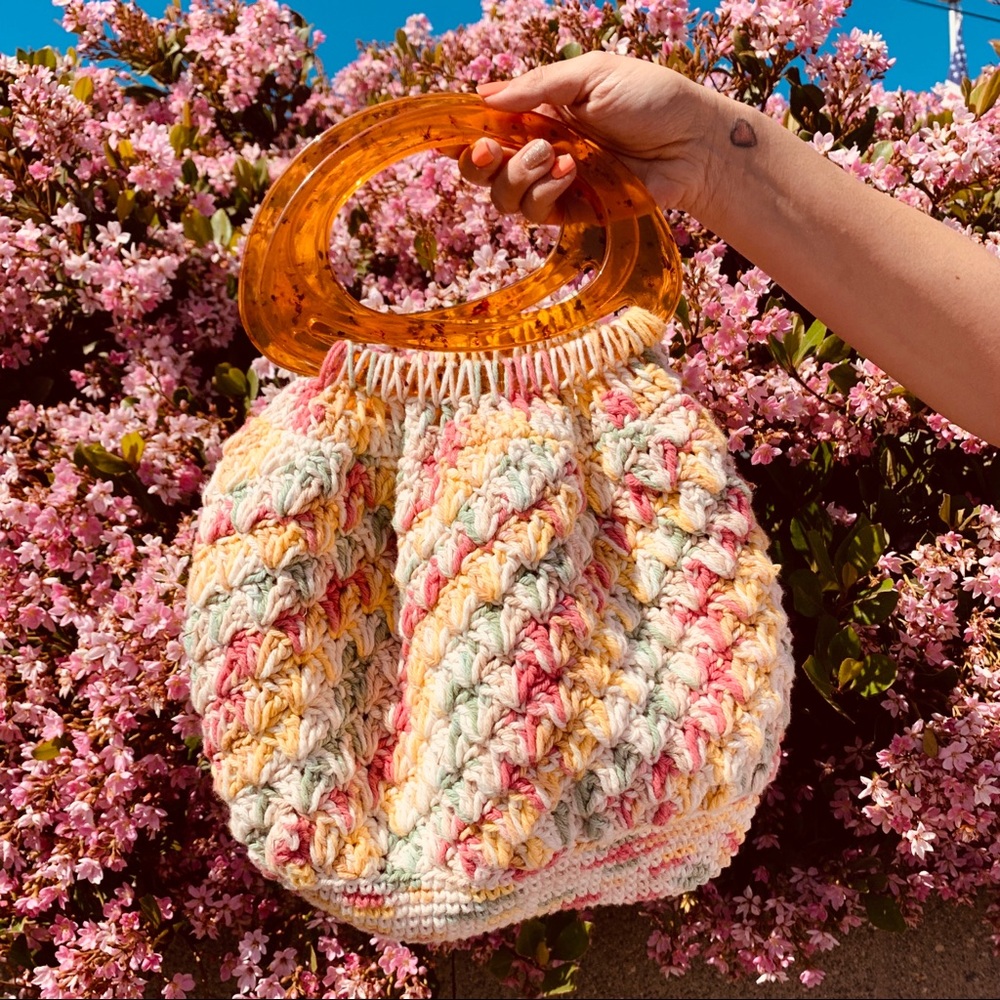 Vtg 60 Lucite Handle Pastel Color Knit Crochet Bag